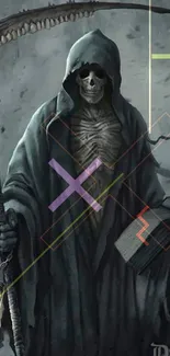 Grim Reaper holding an hourglass and book in dark hooded cloak