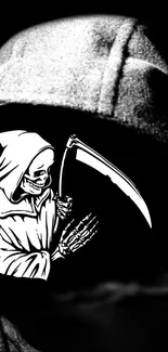 Grim Reaper in monochrome with a scythe, set in a dark hooded design.