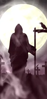 Grim Reaper silhouette with moonlit background on mobile wallpaper.