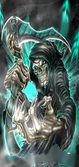 Vivid neon Grim Reaper design with glowing teal and black hues for mobile wallpaper.