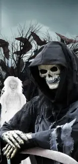 Grim Reaper in a misty graveyard with a full moon and ghostly figure.