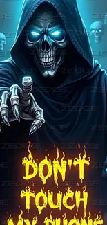 Spooky grim reaper mobile wallpaper with glowing skulls.