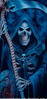 Grim Reaper with scythe in blue tones for phone wallpaper.