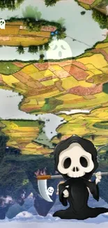 Cute Grim Reaper in vibrant landscape wallpaper.