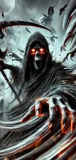 Grim Reaper with glowing red eyes and a scythe in a misty nocturnal scene.