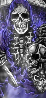 Grim Reaper artwork with skulls and vibrant blue hues.