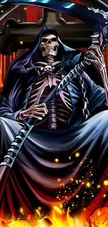 Grim Reaper sitting on a fiery throne with a scythe in a dark fantasy setting.