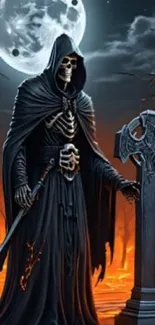 Grim Reaper in graveyard under full moonlight.