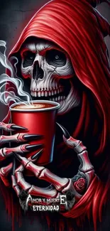 Skeletal figure in red hood with coffee