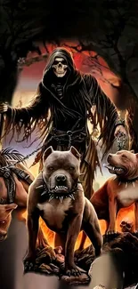 Grim Reaper with dogs in dark-themed wallpaper.