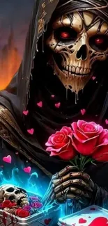 Grim Reaper holding roses with red eyes.