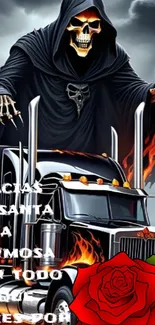 Grim Reaper driving a flaming truck in dark skies artwork.