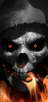 Grim skull with fiery backdrop mobile wallpaper.