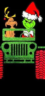 Grinch and Max in a jeep with Christmas hats on black background.