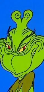 Grinch cartoon with bright blue background.