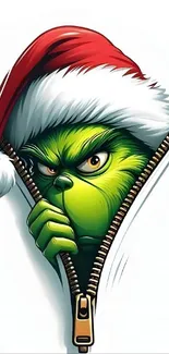 Grinch wearing a Santa hat peeks through a zipper.