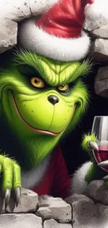 Grinch wearing Santa hat peeking through a wall with a glass of wine.