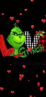 Grinch-themed "Love" mobile wallpaper with colorful text.