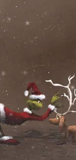 Grinch in Santa outfit with reindeer, playful Christmas scene.