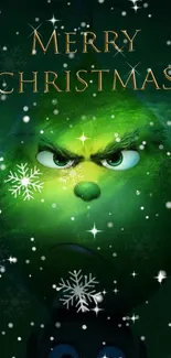 Festive Grinch wallpaper with Christmas greeting and snowflakes, designed for mobile.