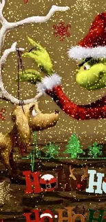 Grinch and reindeer in holiday decor wallpaper.