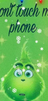 Green Grinch with 'Don't touch my phone' and colorful holiday lights.