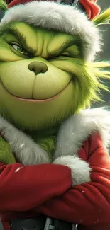 Grinch cartoon in Santa attire with festive background.