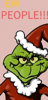 Festive Grinch in Santa outfit wallpaper with 'Ew People' text.