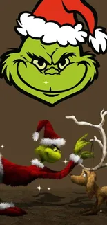 Grinch wearing Santa costume with dog and festive background.