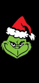 Grinch with red Santa hat on black background, festive holiday wallpaper.