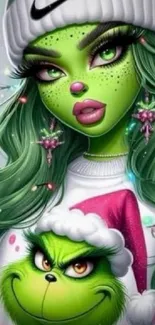 Grinch-inspired holiday art wallpaper with vibrant winter theme.