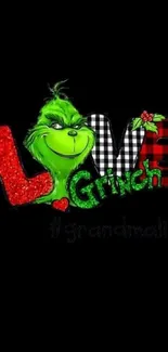 Vibrant Love Grinch graphic wallpaper on black background.