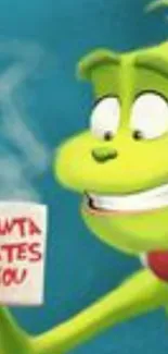 Grinch holding a mug with 'Santa Hates You' inscription.