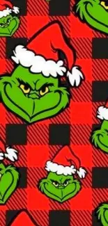 Green cartoon character in Santa hats on red plaid background.