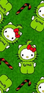 Cute Hello Kitty in Grinch attire on green background with candy canes.