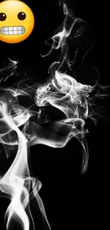 Grinning emoji surrounded by artistic white smoke on a black background.