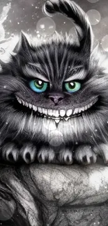 Grinning fantasy cat with blue eyes on a mystical background.