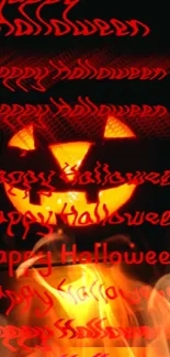 Glowing pumpkin with Happy Halloween text on a dark background.