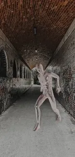 A humanoid figure in a graffiti-filled urban tunnel with a brown brick arch.