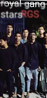 Group of young friends standing together with dark casual outfits.