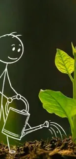 Stick figure watering a young green plant on dark soil.