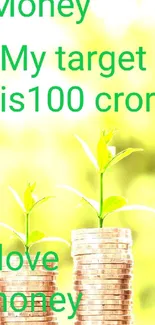 Coins stacked with sprouts in glass jar, symbolizing financial growth.