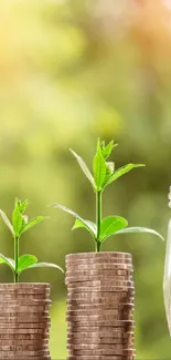 Coins stacked with growing plants on top, symbolizing financial growth.