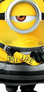 Yellow minion with Gru Life tattoo in overalls.