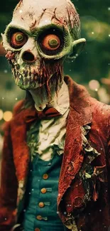 Detailed zombie in vintage suit, eerie atmosphere.