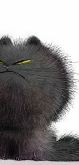 Grumpy black cat drawn in fluffy detail with yellow eyes on a white background.