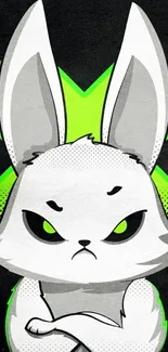 Grumpy cartoon bunny with neon green background on mobile wallpaper.