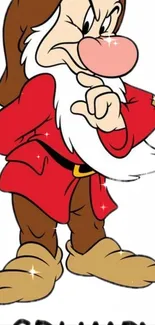 Grumpy cartoon character in red outfit with thoughtful expression.