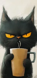 Cartoon grumpy black cat sipping coffee.