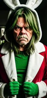 Grumpy character in Santa suit with bunny ears and green gloves, humorous wallpaper.